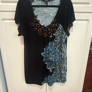 Chic Black and Blue Floral Women's tunic top or dress  XL